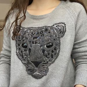 H&M Jeweled Panther Gray Sweater